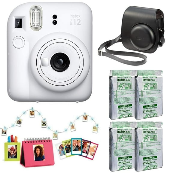 Fujifilm Instax Mini 12 Instant Camera Accessory Kit (Clay White) with Instax Mini Instant Film Foil Pack (4 Pack), Instax Mini Accessory Kit & Charcoal Gray Case
