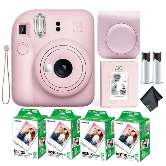 Fujifilm Instax Mini 12 Instant Camera Blossom Pink Bundle with Fuji Instax Mini Film Value Pack (80 Sheets) + Protective Carrying Case + Photo Album + Microfiber Cleaning Cloth