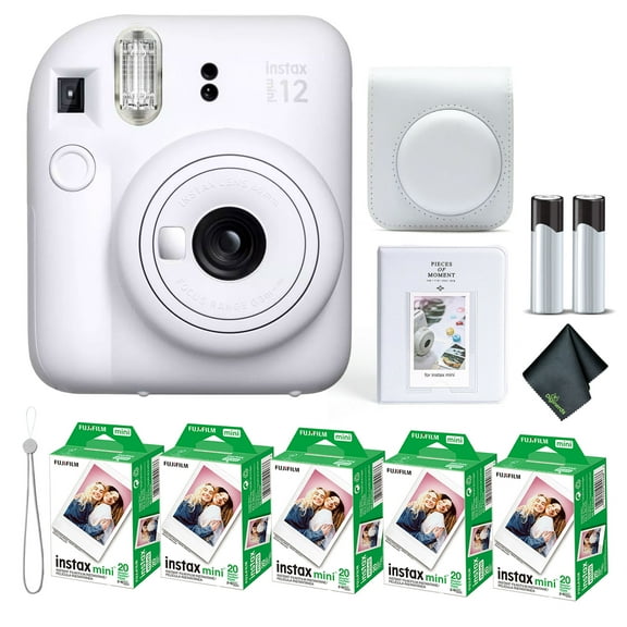 Fujifilm Instax Mini 12 Instant Camera Clay White Bundle with Fuji Instax Mini Film Value Pack (100 Sheets) + Protective Carrying Case + Photo Album + Microfiber Cleaning Cloth