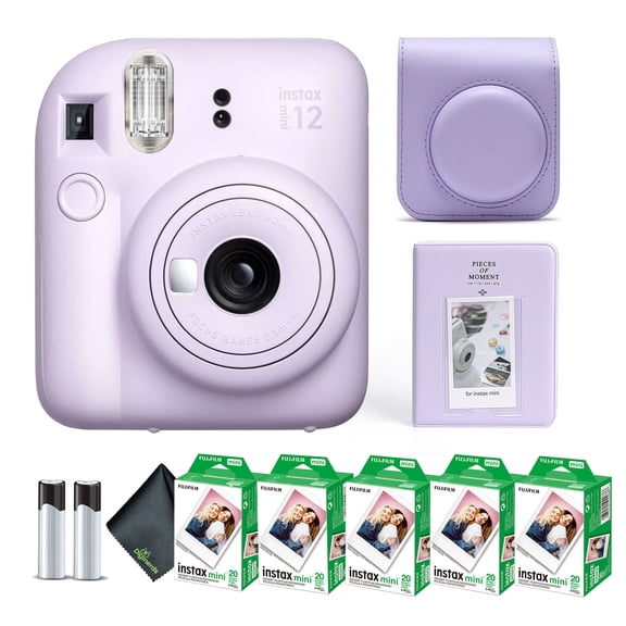 Fujifilm Instax Mini 12 Instant Camera Lilac Purple Bundle with Fuji Instax Mini Film Value Pack (100 Sheets) + Protective Carrying Case + Photo Album + Microfiber Cleaning Cloth