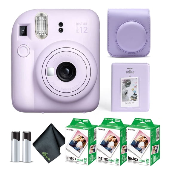 Fujifilm Instax Mini 12 Instant Camera Lilac Purple Bundle with Fuji Instax Mini Film Value Pack (60 Sheets) + Protective Carrying Case + Photo Album + Microfiber Cleaning Cloth