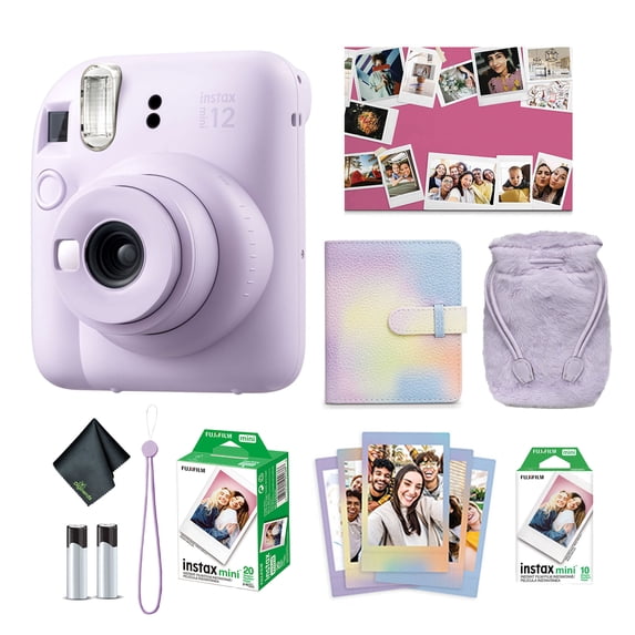 Fujifilm Instax Mini 12 Instant Camera Lilac Purple Holiday Bundle 2024 with Fuji Instax Mini Film Value Pack (20 Sheets) + Microfiber Cleaning Cloth