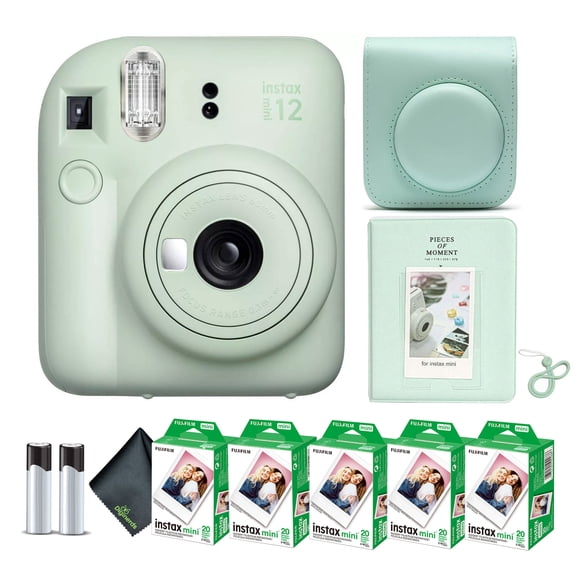 Fujifilm Instax Mini 12 Instant Camera Mint Green Bundle with Fuji Instax Mini Film Value Pack (100 Sheets) + Protective Carrying Case + Photo Album + Microfiber Cleaning Cloth
