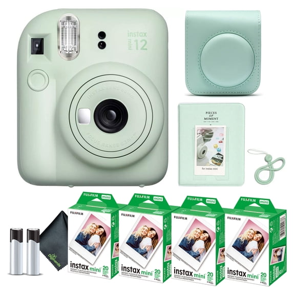 Fujifilm Instax Mini 12 Instant Camera Mint Green Bundle with Fuji Instax Mini Film Value Pack (80 Sheets) + Protective Carrying Case + Photo Album + Microfiber Cleaning Cloth