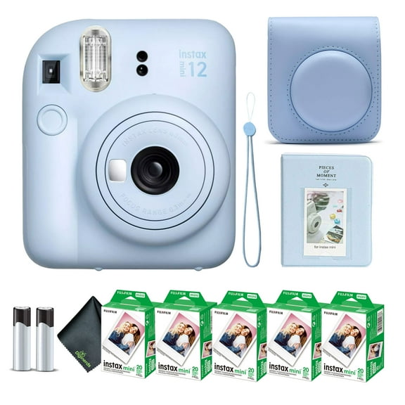 Fujifilm Instax Mini 12 Instant Camera Pastel Blue Bundle with Fuji Instax Mini Film Value Pack (100 Sheets) + Protective Carrying Case + Photo Album + Microfiber Cleaning Cloth