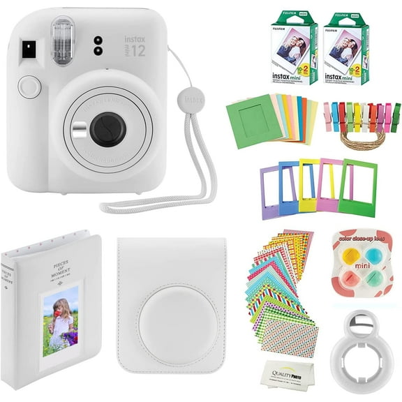 Fujifilm Instax Mini 12 Instant Camera with Case, 40 Fuji Films, Decoration Stickers, Frames, Photo Album and More Accessory kit (Clay White)