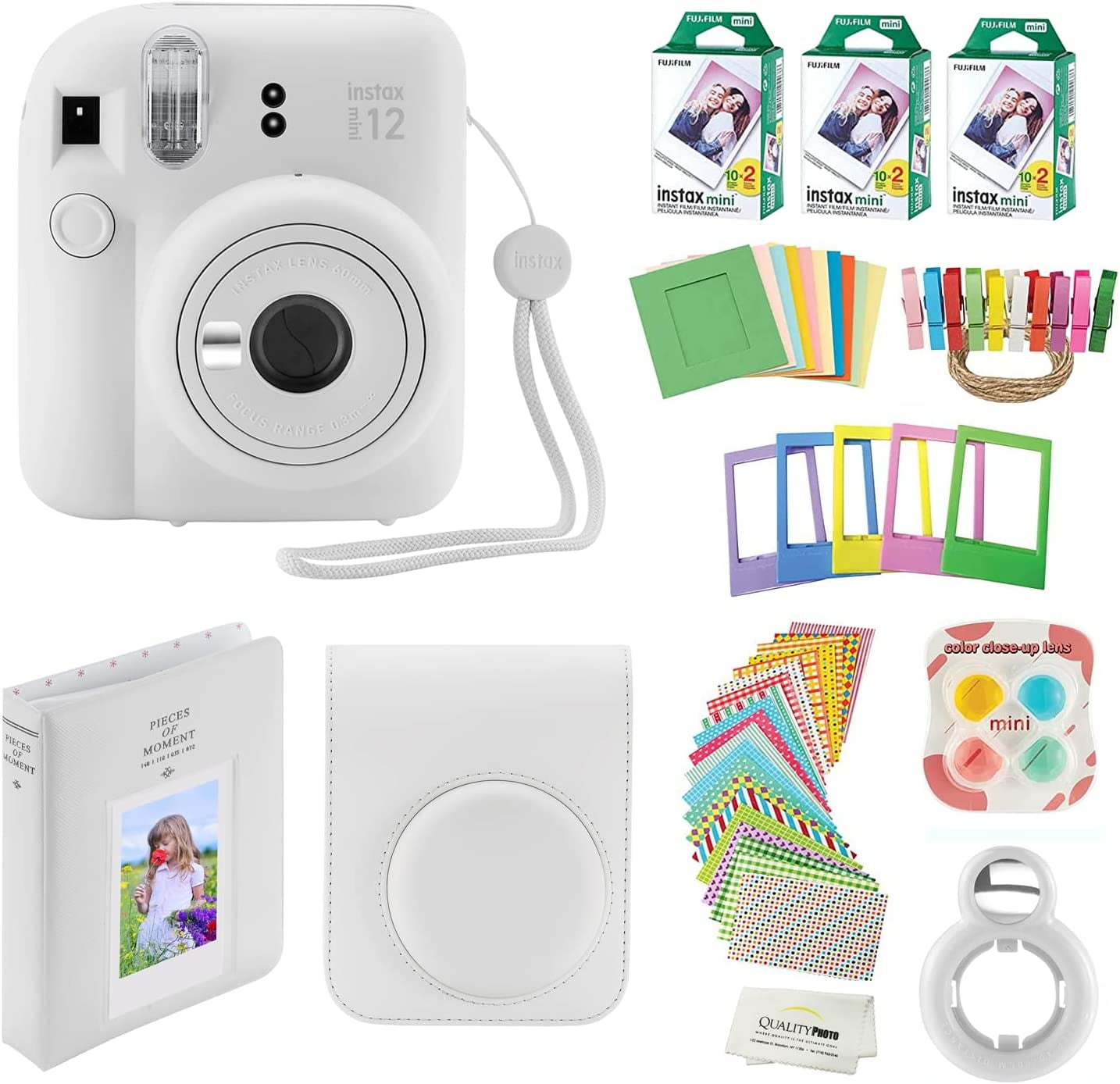 Fujifilm Instax Mini 12 Instant Camera with Case, 60 Fuji Films, Decoration  Stickers, Frames, Photo Album and More Accessory kit (Clay White) 