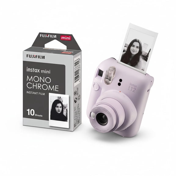 Fujifilm Instax Mini 12 with 60mm Lens (Lilac Purple) Bundle with Mini Monochrome Film (2-Items)
