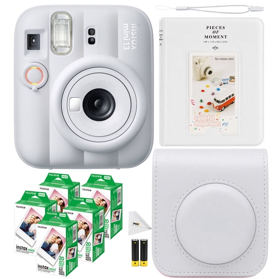 Fujifilm Instax Mini 13 Instant Film Camera Clay White | Auto Exposure, Selfie Mode, Credit Card-Sized Prints + 100 Film Sheets + Case + Album + Cloth