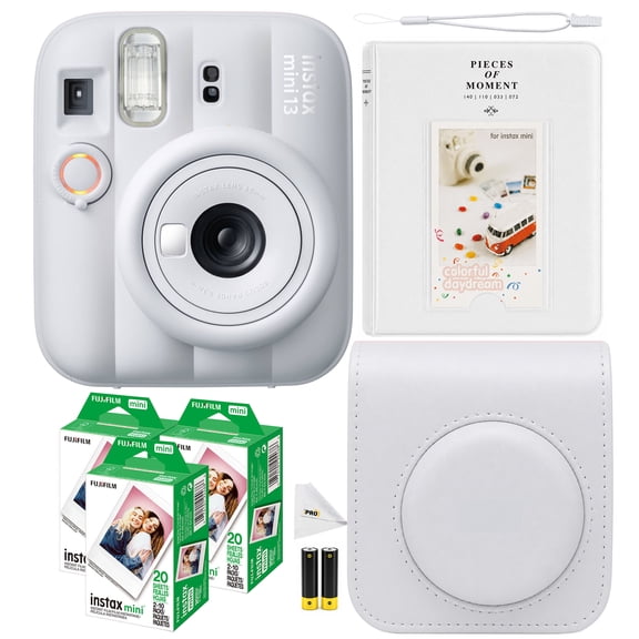 Fujifilm Instax Mini 13 Instant Film Camera Clay White | Auto Exposure, Selfie Mode, Credit Card-Sized Prints + 60 Film Sheets + Case + Album + Cloth