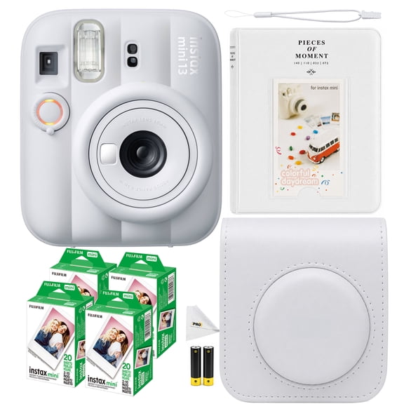 Fujifilm Instax Mini 13 Instant Film Camera Clay White | Auto Exposure, Selfie Mode, Credit Card-Sized Prints + 80 Film Sheets + Case + Album + Cloth