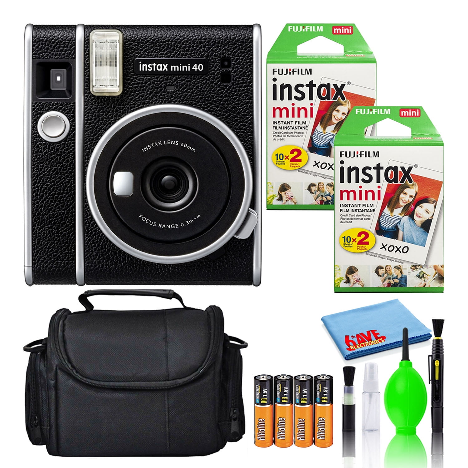 Fujifilm Instax Mini 40 Instant Film Camera (Black) Bundle with (40) Instax  Mini Instant Film Shots + Padded Carrying Bag + (4) Rechargeable Batteries  + Deluxe Cleaning Kit 