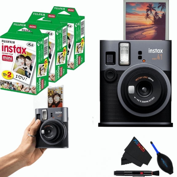Fujifilm Instax Mini 41 Instant Film Camera with Built-in Flash, Fujifilm Instax Mini Twin Pack (3), Black, 1 Count