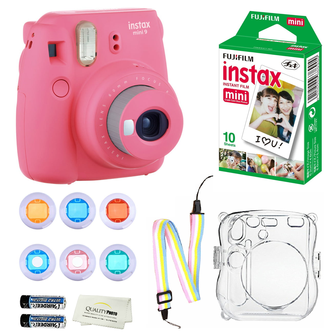 Fujifilm Instax Mini 9 Instant Camera (Lime Green) + 10 Fuji Instant Film  Sheets + Convenient Instax Clear Case W/ Rainbow Strap + 6-Color Lenses &  More 