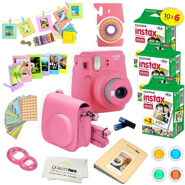 Fujifilm Instax Mini 9 Instant Camera Flamingo Pink with Fujifilm Instax Mini 9 Instant Films (60 Pack) + A14 Pc Deluxe Bundle For Fujifilm Instax Mini 9 Camera