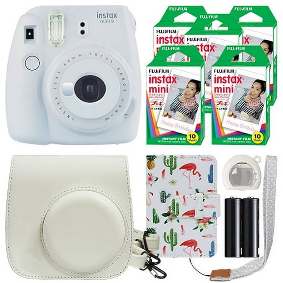 Fujifilm Instax Mini 9 Instant Camera Smokey White + 50 Film Sheets Classy Kit
