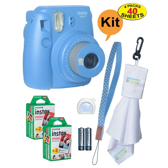 Fujifilm Instax Mini 9 Instant Film Camera + 40 Sheets of Instant Film + Lens Cleaning Cloth + Close-Up Selfie Lens + Wrist Strap | Batteries Included - COBALT-BLUE