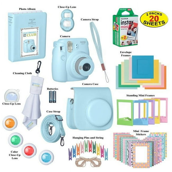 Fujifilm Instax Mini 9 Instant Film Camera Bundle with Over 15 Accessories | 20 Sheets of Instant Film + Mini Nine Leather Case + Photo Album + Lens Filters + Mini Frames - ICE-BLUE