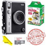 Fujifilm Instax Mini EVO Hybrid Black Instant Camera - Pixi Bundle | Instax Mini Twin Pack Instant Film | 16GB microSD Card with Adapter