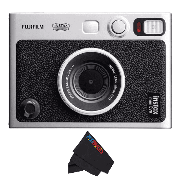 Fujifilm INSTAX Mini EVO Built-in Flash Instant Film Camera with, PixiBytes Micro-Fiber Cloth, Black