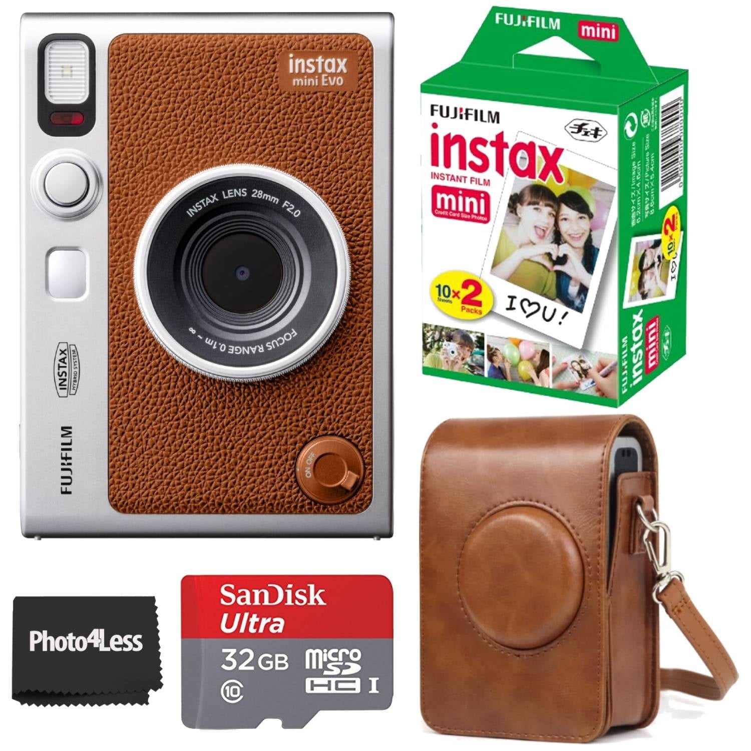Fujifilm Instax Mini EVO Hybrid Brown Instant Camera | Fuji Instax Mini Twin Pack Instant Film | 32GB microSD | Camera Case - Bundle