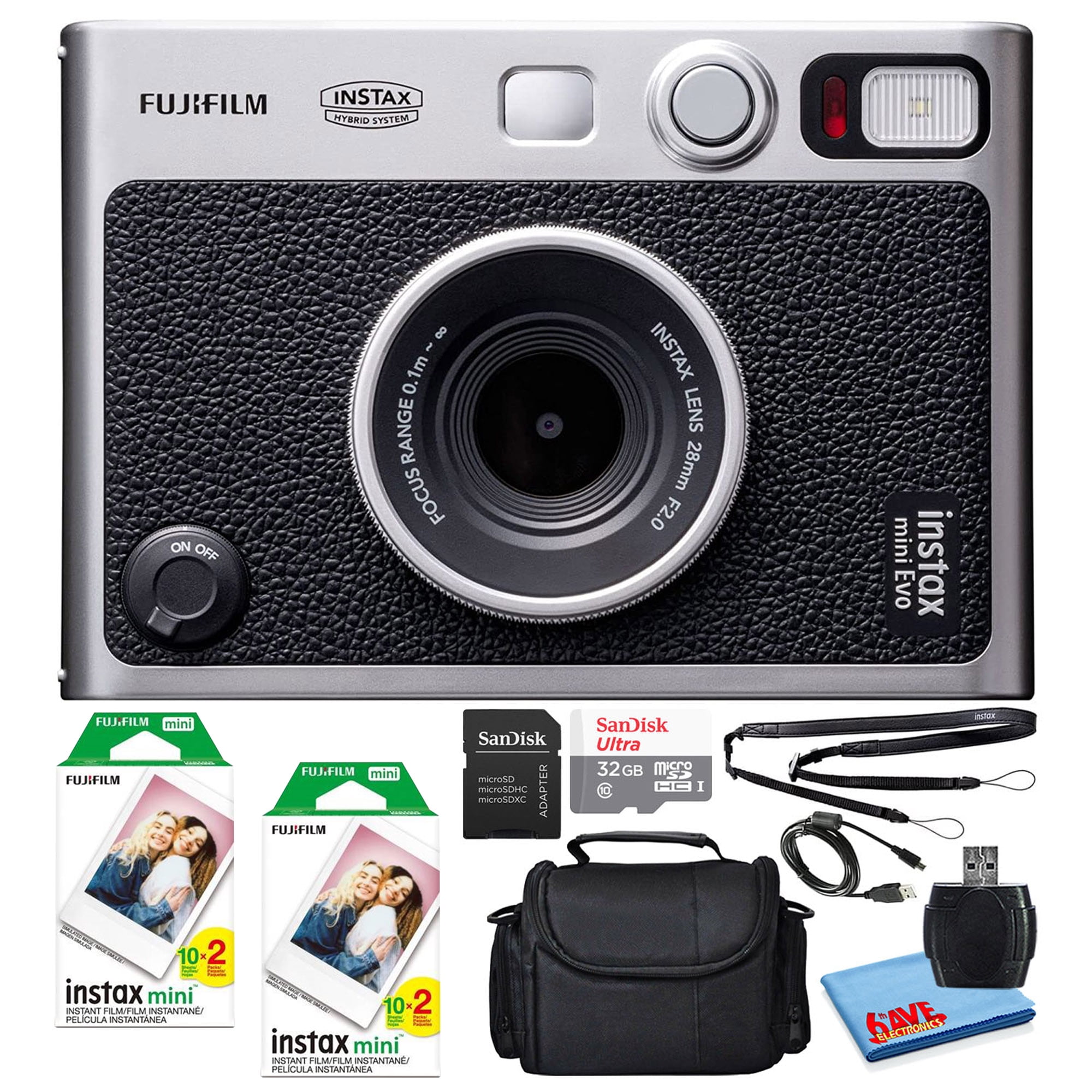 Fujifilm Instax Mini EVO Hybrid Instant Film Camera (Black) (16745183)  Bundle with 40 Instant Film Sheets + 32GB Memory Card + Small Padded Case +  SD