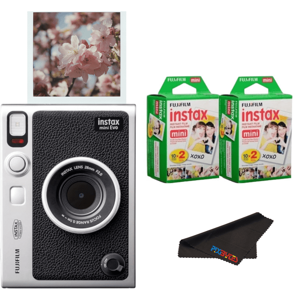 Fujifilm Instax Mini EVO Instant Camera (Black) w/BuzzPhoto Microfiber Cleaning Cloth and 2 Twin Packs Mini Instant Film