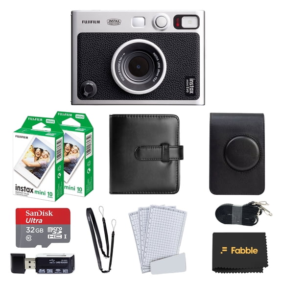 Fujifilm Instax Mini Evo Hybrid Instant Camera (Black) Bundle with 20-Exposure Film, 32GB microSD Card, Protective Case, Photo Album, Screen Protectors, USB Card Reader
