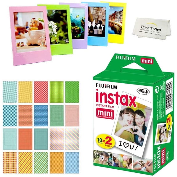 Fujifilm Instax Mini Instant Film (2 Packs = 20 Sheets) For Fujifilm Mini 9 or Mini 8 Camera + 5 Colored Frames + 20 Assorted Colorful Sticker Frames + Microfiber cloth