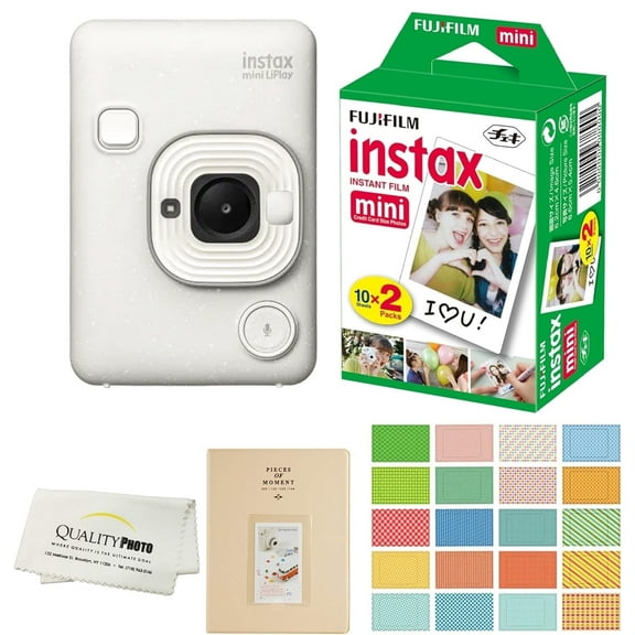 Fujifilm Instax Mini LiPlay Hybrid Instant Camera(STONE WHITE) with 20 Instant Films and Photo Album. Plus Stickers. Bonus Quality Photo Microfiber Cloth