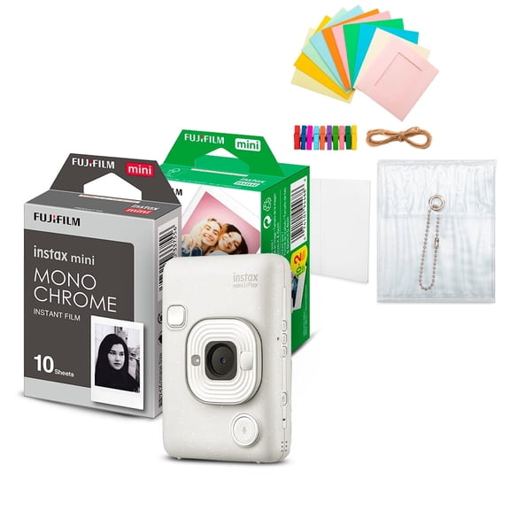 Fujifilm Instax Mini LiPlay Hybrid Instant Camera and Smartphone Printer (Misty White) Bundle with Instax Mini Twin Film Pack (20 Exposures), Instax Mini Monochrome Film, and Accessory Kit (4 Items)