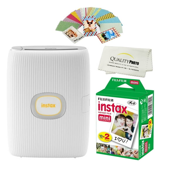 Fujifilm Instax Mini Link 2 Smartphone Printer Plus Fujifilm Instax Mini Films 20 Pack, Stickers And Bonus All-Purpose Microfiber Cloth (Clay White)