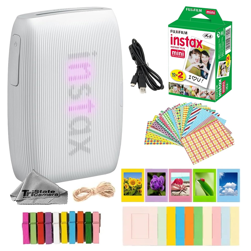 Fujifilm Instax Mini Link 3 Wireless SmartPhone Photo Printer (Clay White) w/ Mini instant film (20 sheets) + Decorative Sticker Frames + Mini Desk Frame & Hang Clips -Bundle