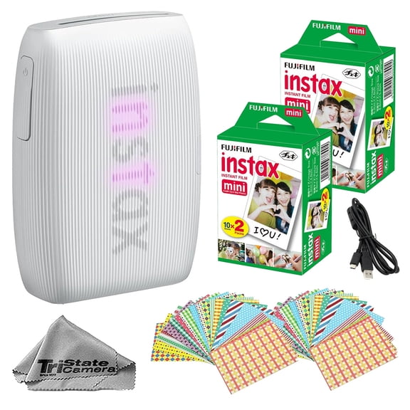 Fujifilm Instax Mini Link 3 Wireless SmartPhone Photo Printer (Clay White) w/ Mini instant film (40 sheets) + Decorative Sticker Frames (40 Sheets) - Bundle