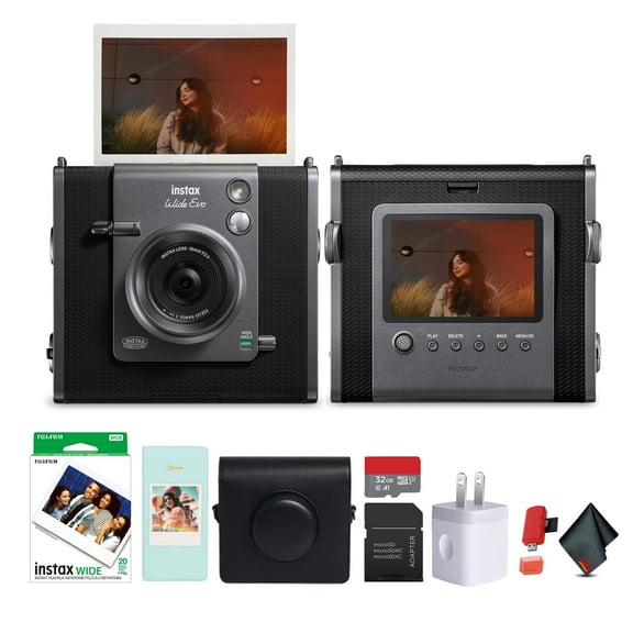 Fujifilm Instax Wide Evo Hybrid Instant Film Camera (16840957) Bundle with Fuji Instax-Wide Instant Film (20 Exposures) + Vintage Style Compatible Carrying Case + 32GB Memory Card + More