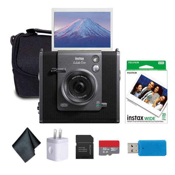 Fujifilm Instax Wide Evo Hybrid Instant Film Camera Bundle with Instax-Wide Instant-Film 2 Pack (20 Exposures) + 32GB Memory Card + USB Card Reader + Bag + Microfiber Cleaning Cloth