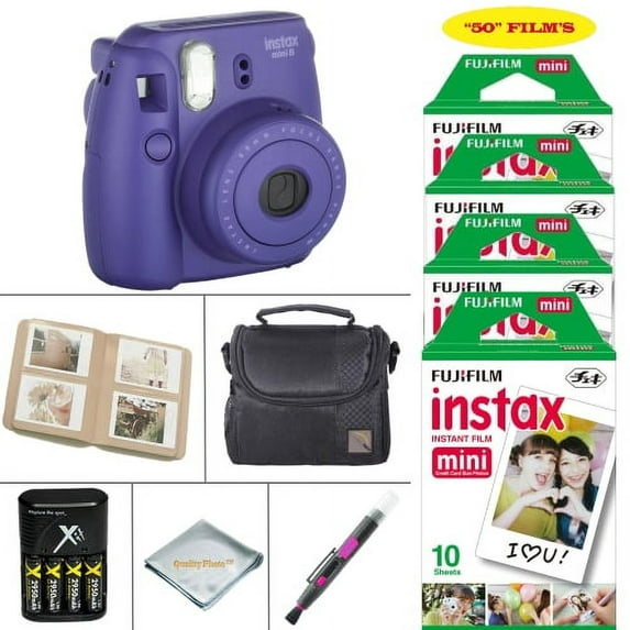 Fujifilm Mini 8 Instant Film Camera Grape + VALUE BUNDLE - includes; Fujifilm Instax Film 50 SHEETS - Battery & Cahrger - Photo Album - Case
