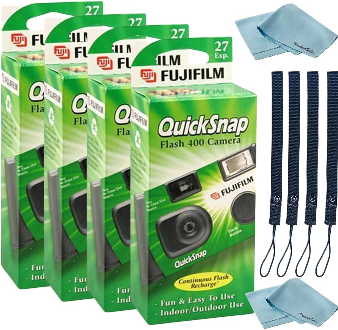 Fujifilm QuickSnap Flash 400 Disposable 35mm Camera 4 Pack 4 Hand Straps 2 BluebirdSales Microfiber Cloth