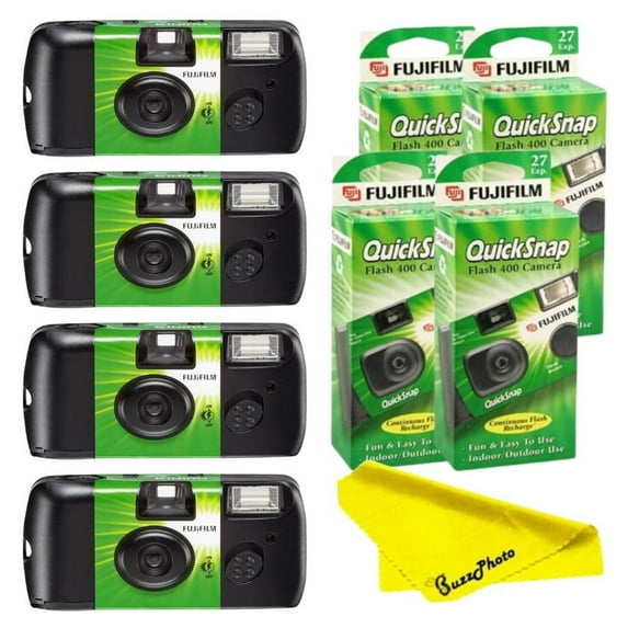 Fujifilm QuickSnap Flash 400 Disposable 35mm Camera (4 Pack) + BuzzPhoto Microfiber Cloth