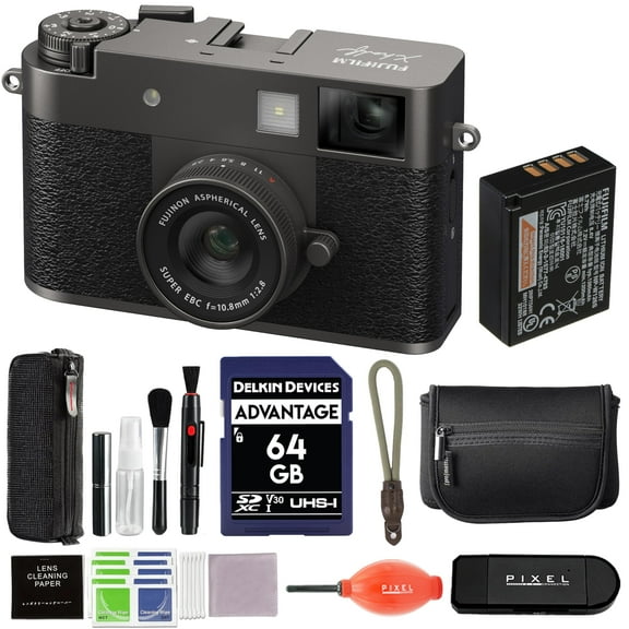 Fujifilm X Half Digital Camera (Charcoal Silver) Bundle with 64GB SD Card + Rope Wrist Strap + Camera Pouch + More Advanced Accessories