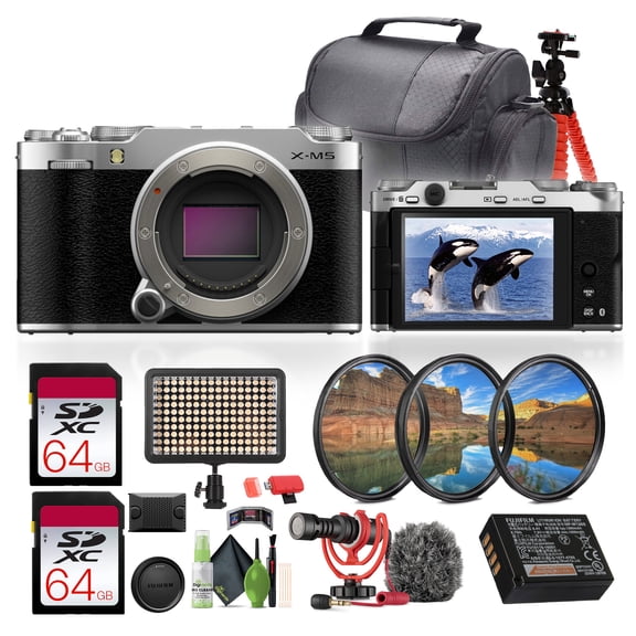 Fujifilm X-M5 Mirrorless Digital Camera Body (Silver) + 2x 64GB Memory Card + Rode VideoMicro Ultracompact Camera-Mount Microphone + More