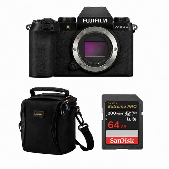 Fujifilm X-S20 Mirrorless Camera, Black, Bundle with 64GB SDXC Memory Card and Shoulder Bag