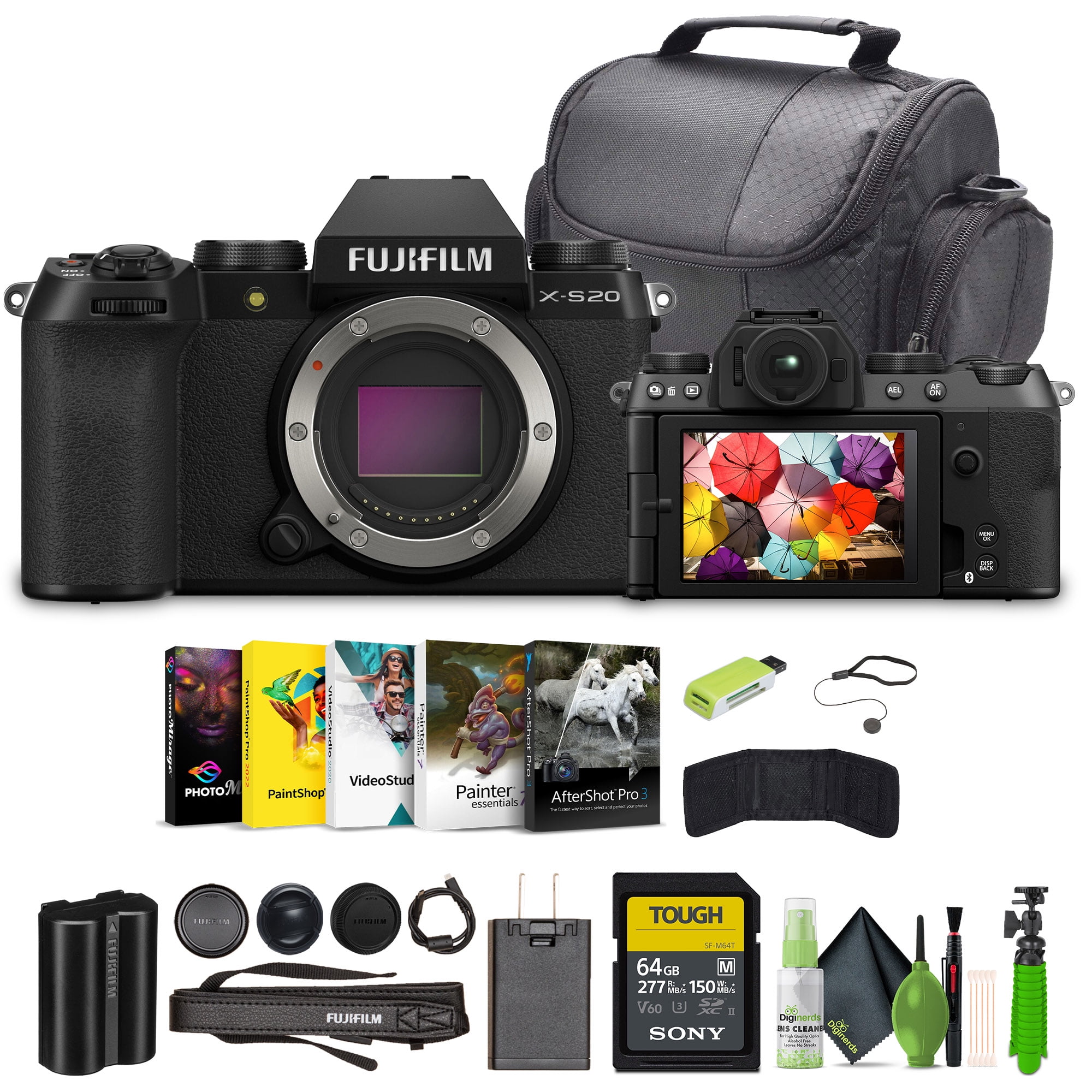 Fujifilm X-S20 Professional Compact Digital Mirrorless Camera Body - Black - Bundle With 64GB UHS-II SDXC Memory Card + Vlogging Tripod + Camara Bag and Lens Cleaning Kit + More Accessories