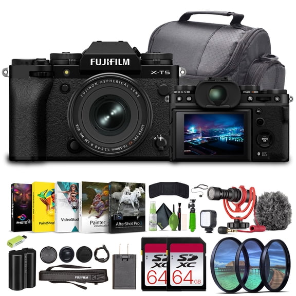 Fujifilm X-T5 Professional Compact Digital Mirrorless Camera With XF 16-50mm f/2.8-4.8 Lens Kit Bundle 2x 64GB Memory Card+ Vlogging Tripod+ Video LED Light + Rode on Camara Microphone + More (Black)
