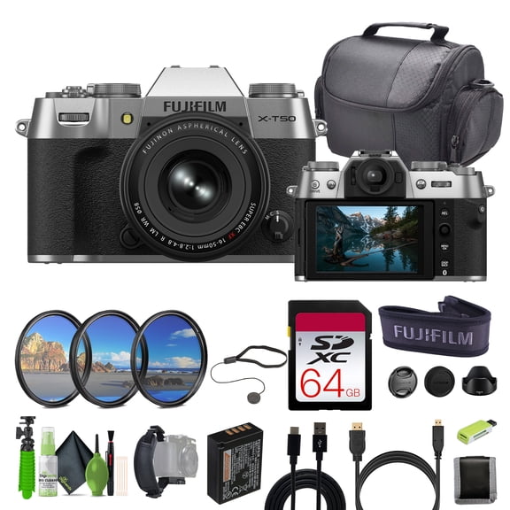 Fujifilm X-T5 Professional Compact Digital Mirrorless Camera With XF 16-50mm f/2.8-4.8 Lens (Silver) Bundle With 64GB UHS-II SDXC Memory Card + Travel Bag and Lens Cleaning Kit