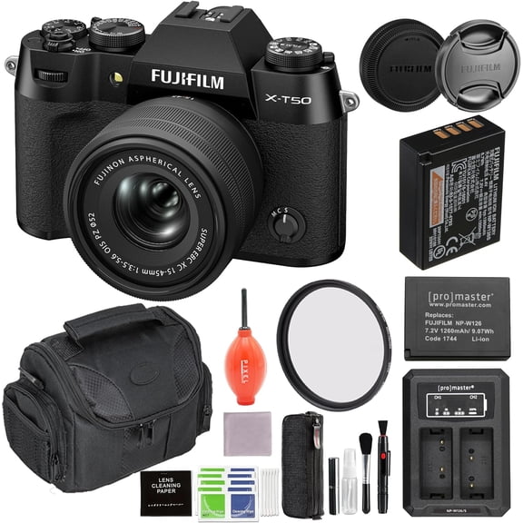 Fujifilm X-T50 Mirrorless Camera with 15-45mm Lens (Black) Bundle with 52MM Protection Filter, Extra Battery, Charger and Advanced Accessories | Fuji xt50