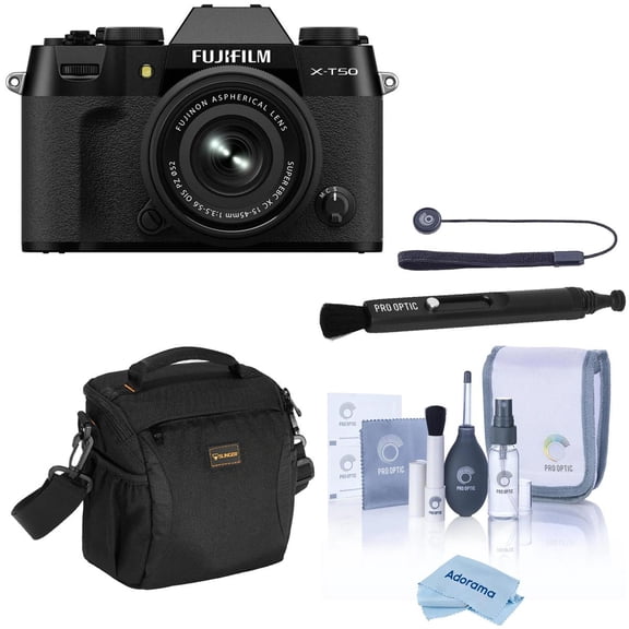 Fujifilm X-T50 Mirrorless Camera with XC 15-45mm f/3.5-5.6 OIS PZ Lens with Universal Lens Cap Tether, Complete Optics Care and Cleaning Kit, Microfiber Cleaning Cloth, Small, 5.8x5.8, Lens Pen Lens