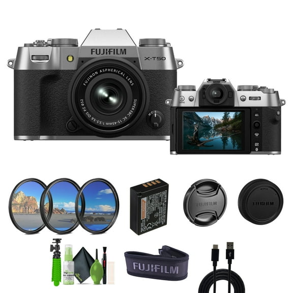 Fujifilm X-T50 Mirrorless Camera XC15-45mmF3.5-5.6 OIS PZ Lens Bundle Silver