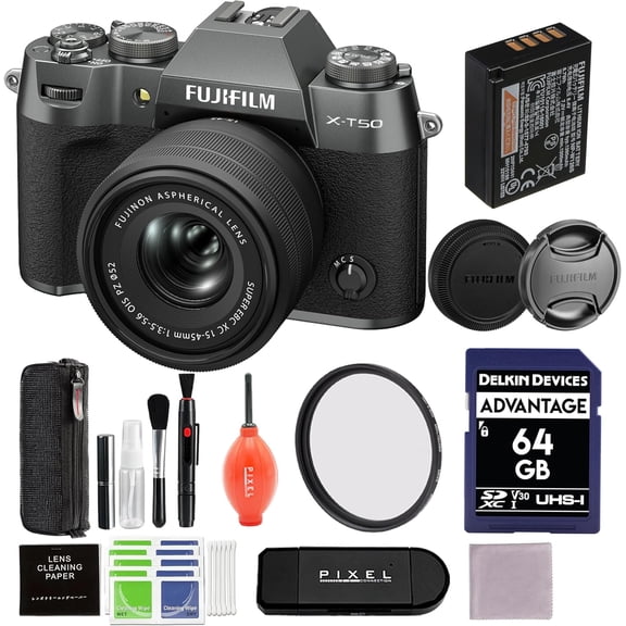 Fujifilm X-T50 Mirrorless Camera with 15-45mm Lens (Charcoal) Bundle with 52MM Protection Filter and Advanced Accessories | Fuji xt50