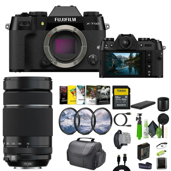 Fujifilm X-T50 Mirrorless Digital Camera Body Bundle With Fuji-Film XF 70-300mm f/4-5.6 R LM OIS WR Lens + 64GB Tough UHS-II SDXC Memory Card + Camara Bag + Vlogging Tripod + More Accessories - Black